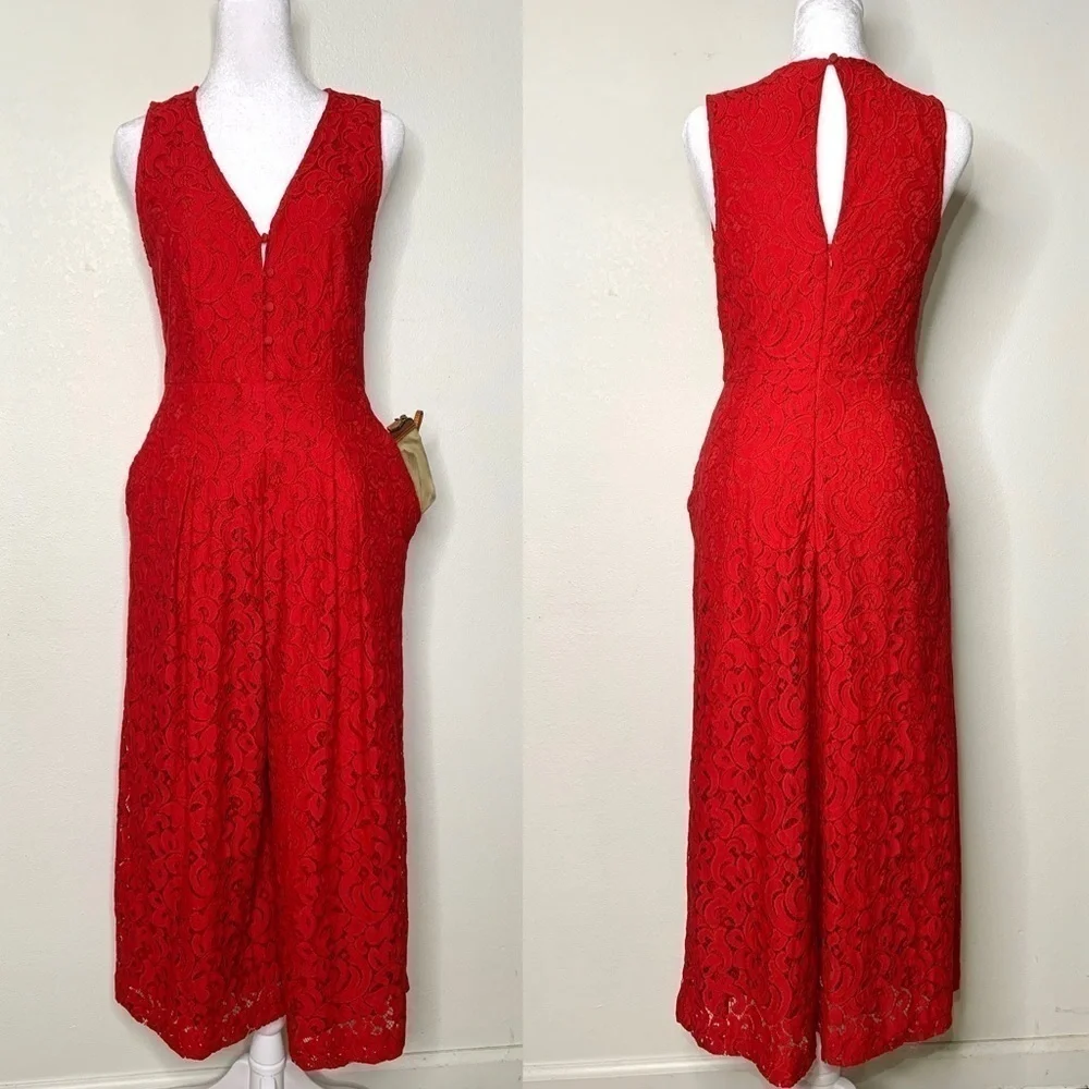 Anthropologie Jumpsuit pockets Jaeda Lace Wide-Leg Moulinette Soeurs Red size 2 - Picture 2 of 16